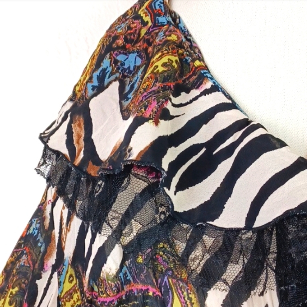 LE CAVIAR Zebra Floral-Graphic Lace Ribbon Ruffle Bell Sleeve  Edgy Blouse SZ L - Picture 9 of 15
